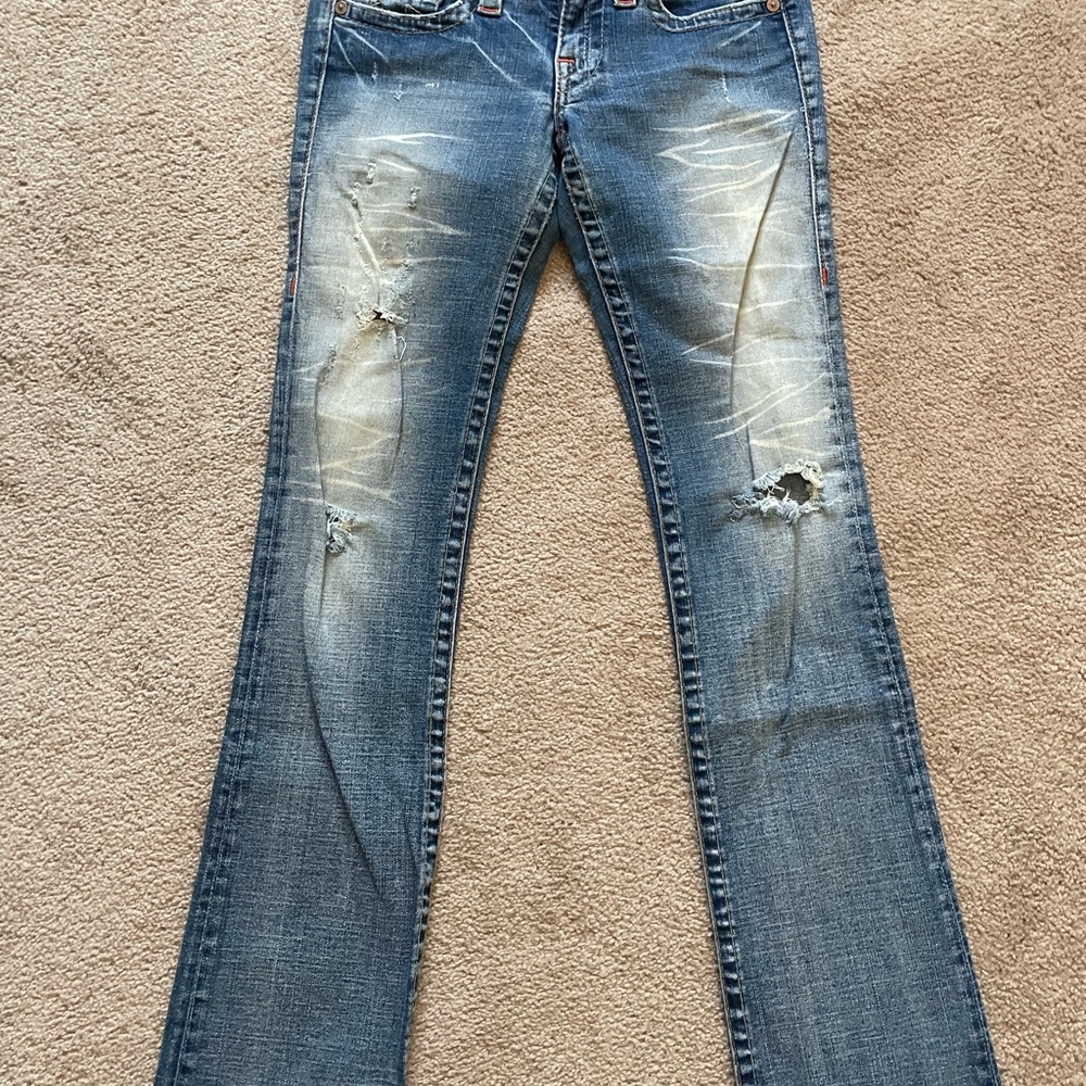 True Religion Distressed Blue Flare Jeans